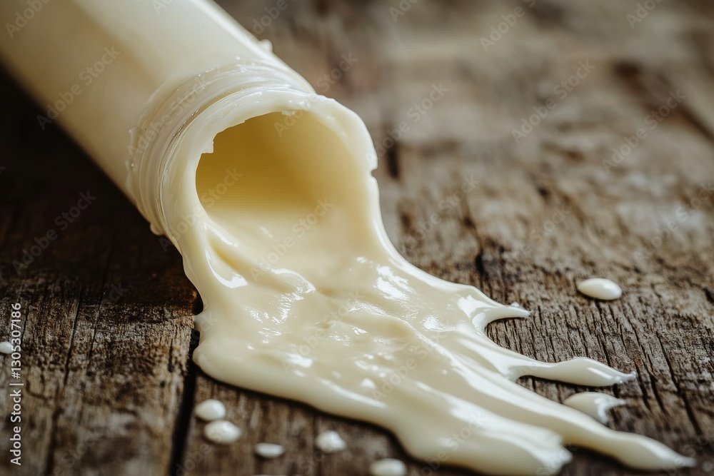 Poster creamy substance spills from open bottle onto wooden surface creating a rich texture and warmth