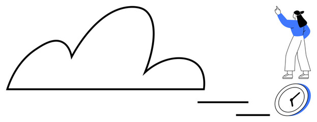 Cloud outline connected to a stopwatch and a gesturing person in blue attire. Ideal for time management, cloud computing, productivity, online storage, efficiency, digital services, flat simple