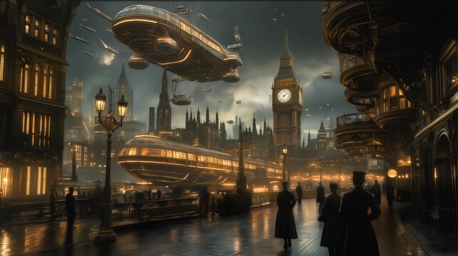 Steampunk airships flying over futuristic london with big ben in the background. Generative ai illustrations