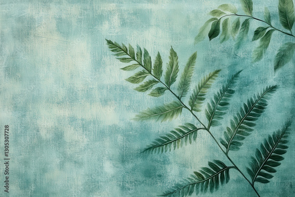 Poster leaves create a calming backdrop featuring shades of green against a textured teal background