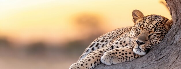 A leopard rests comfortably on a sturdy acacia branch, enjoying the serene atmosphere of the Serengeti prairie