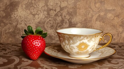 Fototapeta premium Gold-trimmed teacup, strawberry. Floral backdrop. Serving tea. Elegant presentation