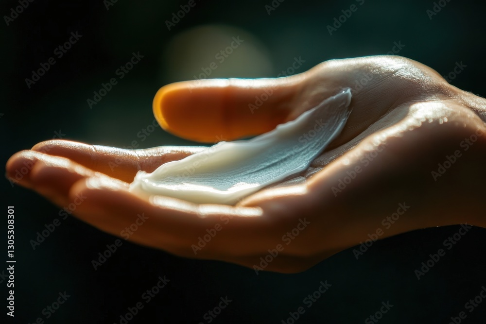 Poster creamy moisturizer applied to a hand during a skincare routine in a softly lit environment