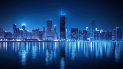 Fototapeta premium Chicago Skyline at Night, Reflective Water, Cityscape, Beautiful