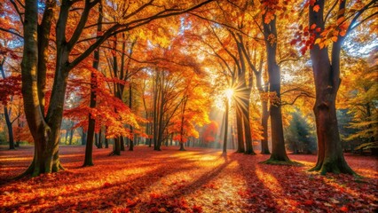 Naklejka premium Autumnal Sunlight Illuminates a Canopy of Golden and Red Leaves in a Picturesque Woodland Scene
