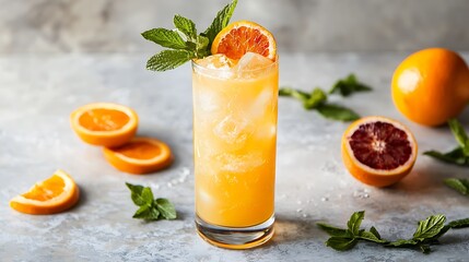 A glass of orange juice with a slice of lime on top