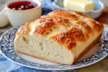 Delicious freshly baked bread served with butter and berry jam at a cozy kitchen setting