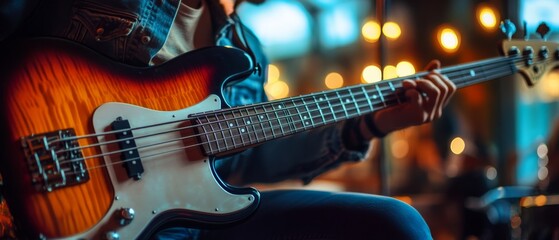 Obraz premium Fingers strum the frets of a warm-toned electric guitar, surrounded by moody lights, conveying the rhythm of a soulful melody.