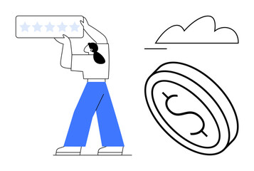 Woman holding a five-star review banner, large dollar coin nearby, minimal cloud. Ideal for finance, customer feedback, online reviews, savings, rewards quality assurance marketing campaigns. Flat
