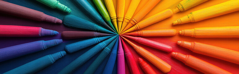 A minimalistic surreal illustration of radial pichkaris arrayed like spokes on a wheel, each launching a different Holi color toward the center
