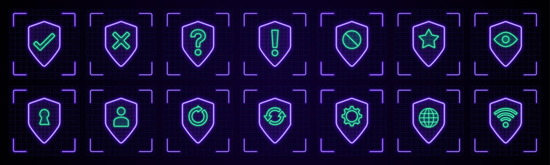 Web shield security symbol illustration set, cyber neon visual, glowing border grid vector. © mariposo