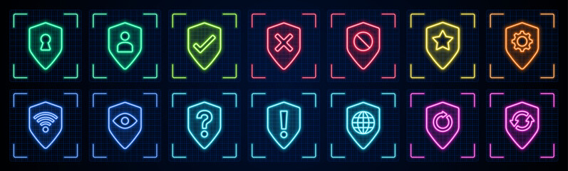 Web security symbol illustration set, cyber neon visual, glowing border grid vector.