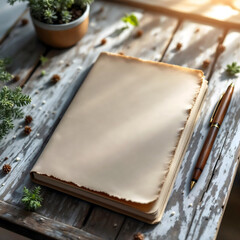 Obraz premium Creative Inspiration – Blank Notebook on Rustic Wooden Table