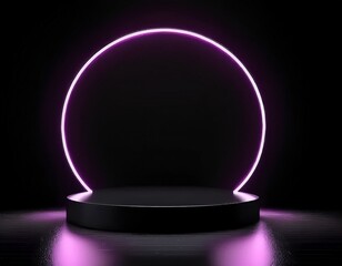 Blank luxury black gradient background with circle pink neon light and product display platform. Empty studio with rectangle podium pedestal and neon backlight on a black backdrop. 3D rendering.