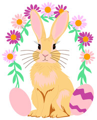 Easter Bunny Illustration with Flowers and Eggs  sticker