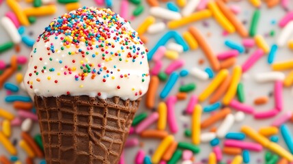 Ice cream cone with sprinkles on background, for party invitations, dessert menus or social media posts