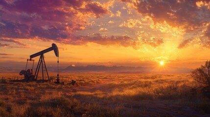 A sunset over a dry, barren landscape with a pumpjack in the foreground