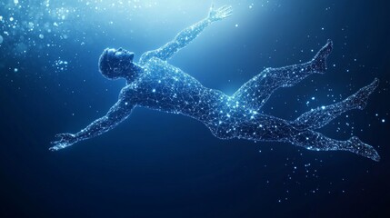 Ethereal figure swimming through a digital sea.