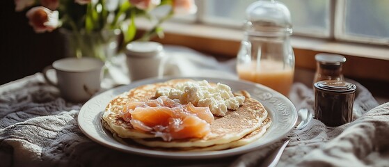 Smoked salmon, cream cheese pancakes, breakfast, window light