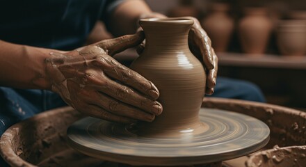 A potter shaping clay on a spinning wheel, symbolizing traditional pottery and artistic craftsmanship.