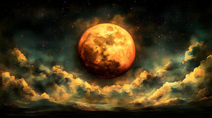 Fiery Blood Moon Above Stormy Clouds