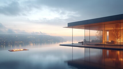 Modern infinity pool house, tranquil sunset views