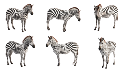 Zebras in various poses showcasing their distinct stripes and unique behavior in a natural setting, cut out 