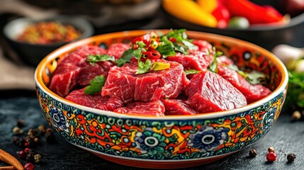 Fototapeta premium A bowl of meat with a lot of spices and herbs on top