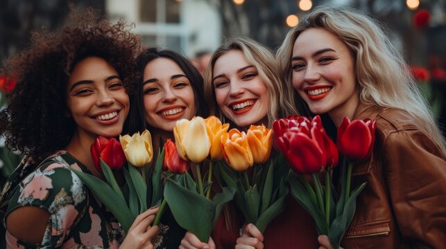 Diverse female florists are posing with colorful bouquets of flowers, smiling happily celebration women international day 8 of march