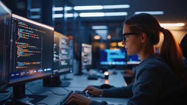 A woman working on computer code in a modern office