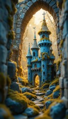 Enchanting Blue Castle nestled in Mossy Ruins Path Fantasy Architecture Artwork