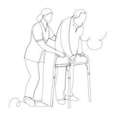 A nurse helps a man with a walker. Elderly care. Continuous line vector illustration, isolated on white.
