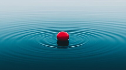 Red ball drops in water, concentric rings spreading. Use meditation, focus, physics, pond clarity