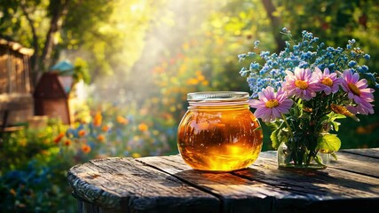 jar of honey on a garden background. Selective focus