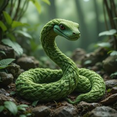 Fototapeta premium Braided Green Snake in Lush Jungle Setting Fantasy Reptile Art