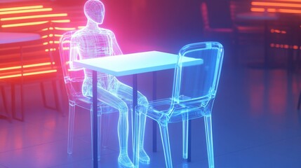 Futuristic dining experience with ghostly figure.