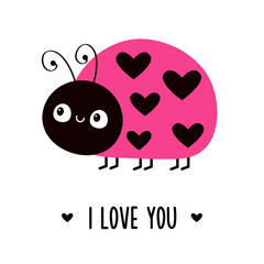 Lady bug, lady bird icon. Pink and black insect. Cute kawaii cartoon funny character. Happy Valentines Day I love you card Sticker print. Childish style. Flat design. White background. Isolated Vector