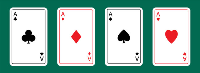 Playing card set. Four aces icon. Poker cards suits. Diamonds, hearts, clubs, spades ace. Winning poker hand. Las Vegas Casino gambling concept. Simple flat design. Green table background. Vector