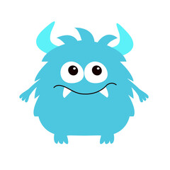 Blue monster icon. Happy Halloween. Colorful fluffy monsters. Cartoon kawaii funny character. Cute face with teeth, horns, eyes, hands. Childish collection. Flat design. White background. Vector