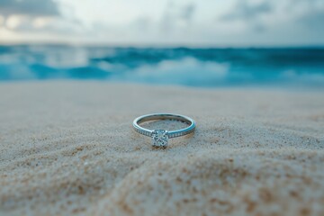 Diamond engagement ring on sandy beach with ocean waves in the background. A romantic and dreamy symbol of love, marriage, and proposals. Perfect for wedding themes and love stories