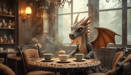 Fantasy Dragon Enjoying Afternoon Tea in Vintage Cafe Setting