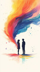Fototapeta premium A minimalistic surreal illustration of two silhouettes joined by a rainbow bridge of drifting Holi colors in a calm, empty backdrop