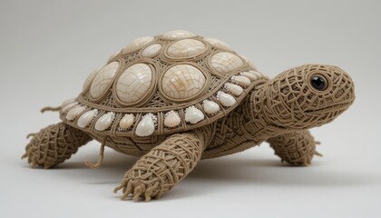 Intricate Woven Tortoise Sculpture Decorated with Shells Beige Tones Craft Artwork