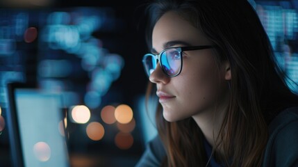A woman wearing glasses thoughtfully looking at a computer screen