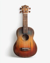 Obraz premium Rustic Ukulele on White Background: Musical Instrument for Hawaii and Travel Music, Close Up Studio Shot