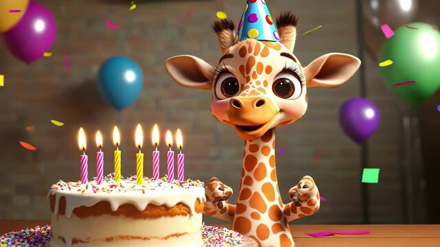 Cartoon giraffe with cake. Selective focus