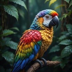 Obraz premium Vibrant Macaw Parrot Perched on Branch in Lush Tropical Rainforest Setting