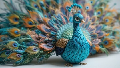 Obraz premium Exquisite Handmade Peacock Figurine Detailed Feathers Colorful Bird Art Craft