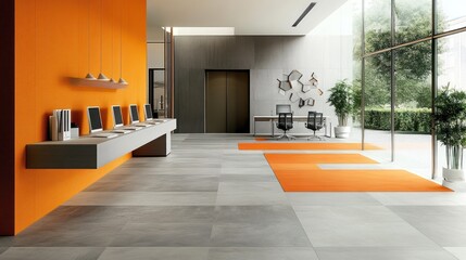 Modern office lobby with orange accents, featuring a neutral color palette, and natural light, for use in design catalogs or commercial spaces