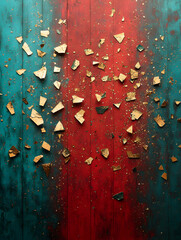 Gold flakes scattered on teal and red wood planks